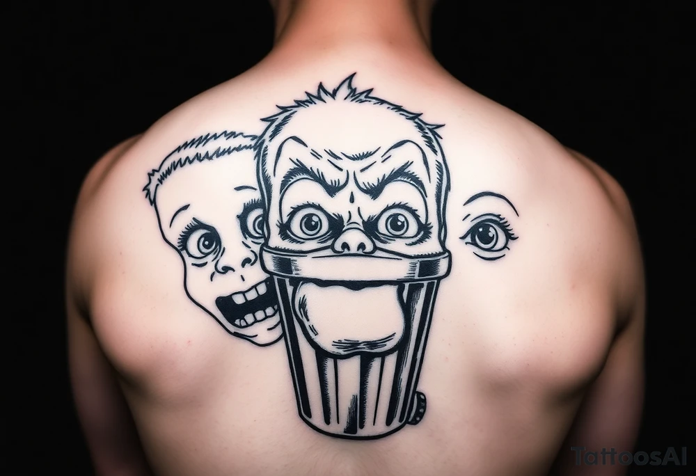powerful faces with huge eyes and mouth with foamy mouth with a garbage pail kids body tattoo idea