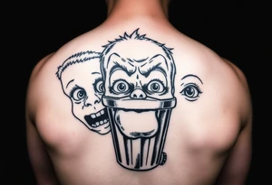 powerful faces with huge eyes and mouth with foamy mouth with a garbage pail kids body tattoo idea
