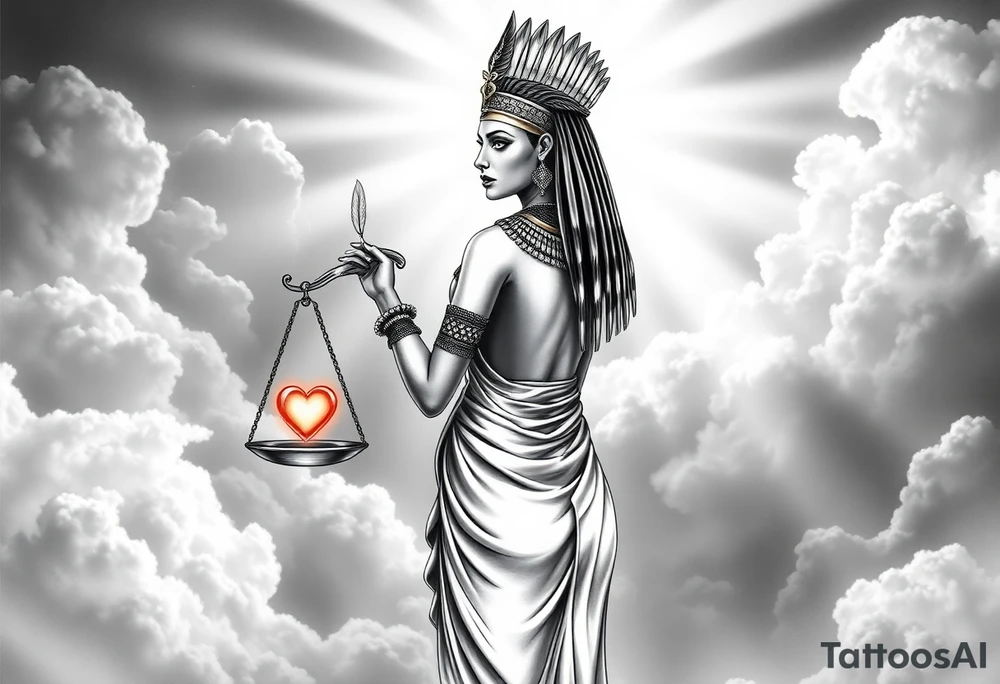 beautiful Egyptian goddess stands with her back slightly turned, accentuating her figure. Wearing a silk gown. She wears an elaborate ostrich feather headdress and ornate, intricate ancient Egyptian jewelry draped across her body. Her expression is mysterious and confident. In one hand, she holds the Scales of Justice: one side holds a radiant, glowing heart; the other, Ma’at’s feather. The scales themselves shimmer with an otherworldly light.
The background is a surreal, heavenly landscape filled with luminous clouds and beams of divine light piercing through, creating dramatic contrasts of deep shadows and highlights. The entire scene is bathed in an ethereal, mystical glow, with a dreamlike, almost supernatural atmosphere. tattoo idea