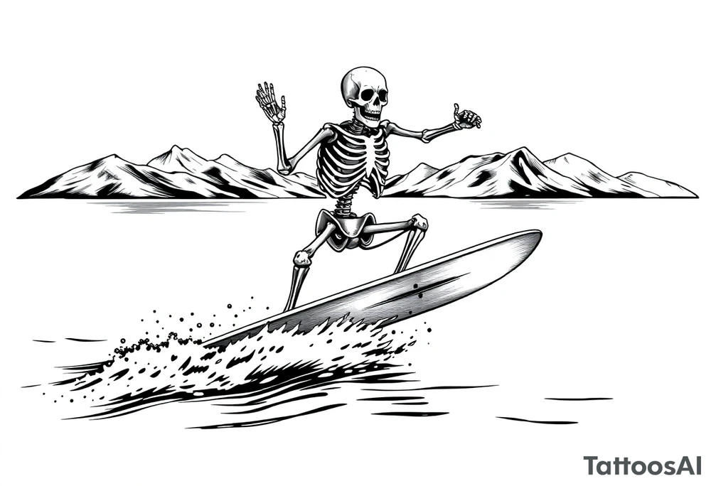 skeleton wakeboarding on lake, holding onto wakeboard handle with one hand, 
mountains in the background tattoo idea