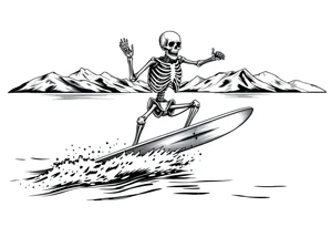 skeleton wakeboarding on lake, holding onto wakeboard handle with one hand, 
mountains in the background tattoo idea