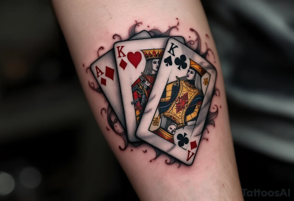 A playing cards tattoo showing the ace of spades, queen of hearts, and king of clubs fanned out in rich black, deep red, and golden-yellow ink, with realistic card textures, subtle shadowing, and faint smoky wisps curling around the edges for a dramatic, high-stakes vibe. tattoo idea