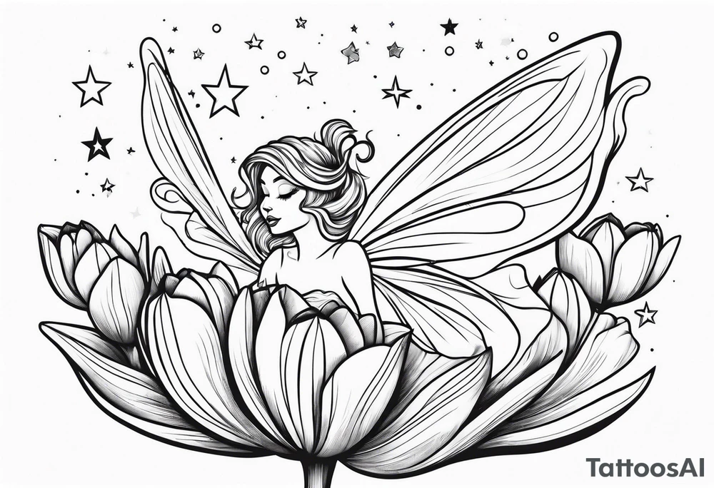 a fairy flying into a tulip with stars in the sky tattoo idea