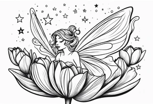 a fairy flying into a tulip with stars in the sky tattoo idea