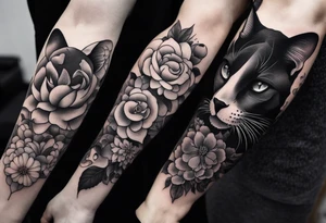 Tattoo sleeve with these items: a snake, a small flower skull, a cat with thunder cloud, and flowers. in between each of the these items is smokey dot work tattoo idea