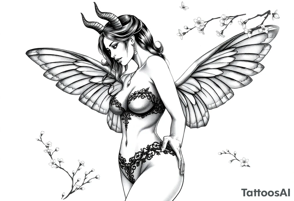 Hottest depiction of a starter the goddess of Love and war nude with see-through exotic lingerie at sunset with cherry blossoms with angel wings resembling a lunar moths also horns resembling antenna face off to one side slightly casting shadow tattoo idea