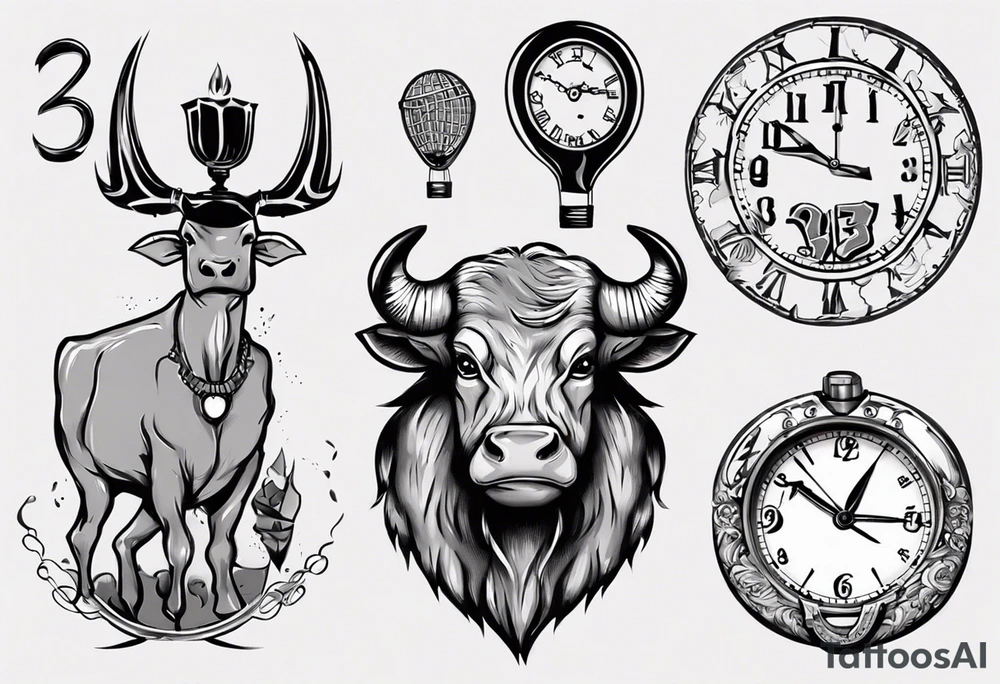 Une horloge avec le numéro 23 dedans , avec un taureau et un ballon de foot tattoo idea