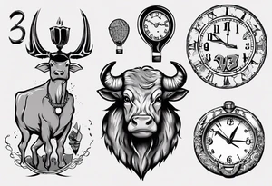 Une horloge avec le numéro 23 dedans , avec un taureau et un ballon de foot tattoo idea
