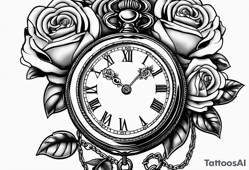 Pocket watch with chain and roses tattoo idea