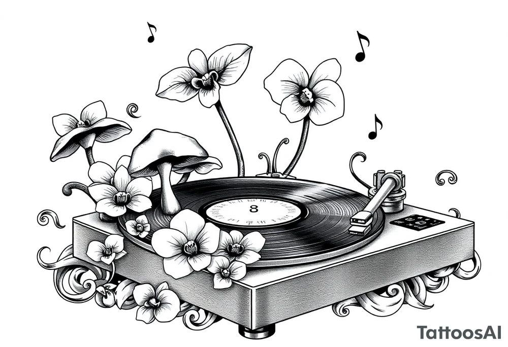 vinyl record player with mushrooms, orchids, and music notes around it tattoo idea