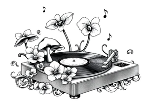 vinyl record player with mushrooms, orchids, and music notes around it tattoo idea