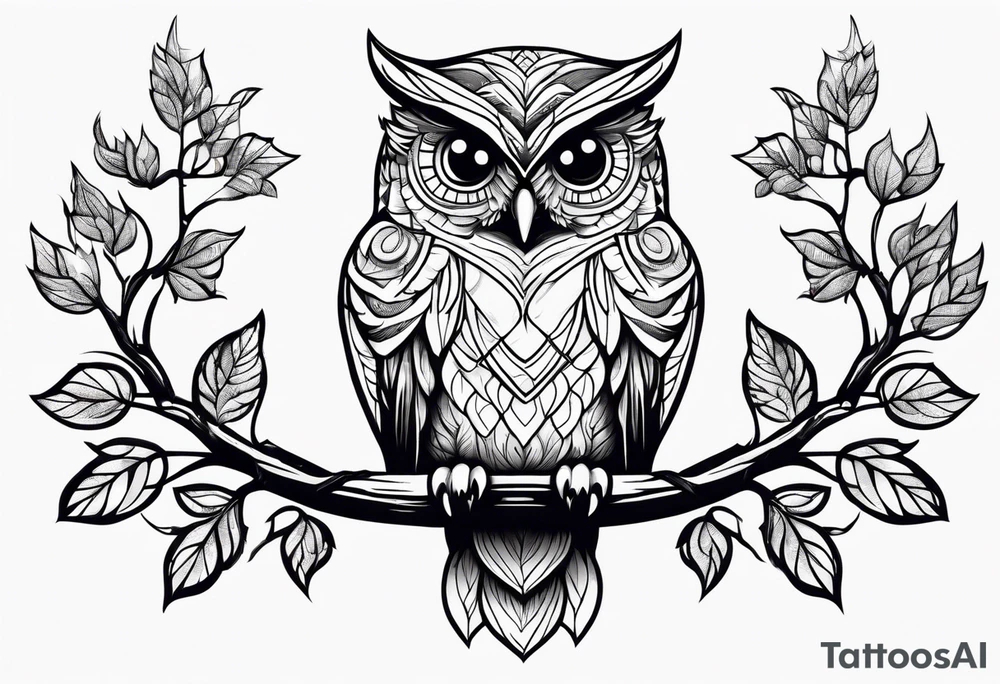 Vintage owl on maple branch tattoo idea