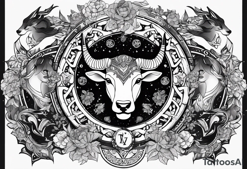 Zodiac animals arm sleeve with Taurus, Gemini, Cancer, Leo, and Sagittarius tattoo idea