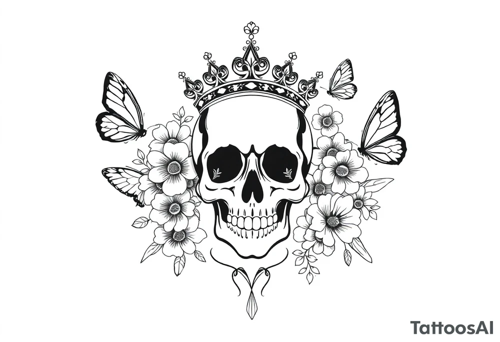 ornate skull adorned with gorgeous crown surrounded by boho flowers and butterflies tattoo idea