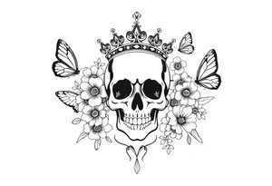 ornate skull adorned with gorgeous crown surrounded by boho flowers and butterflies tattoo idea