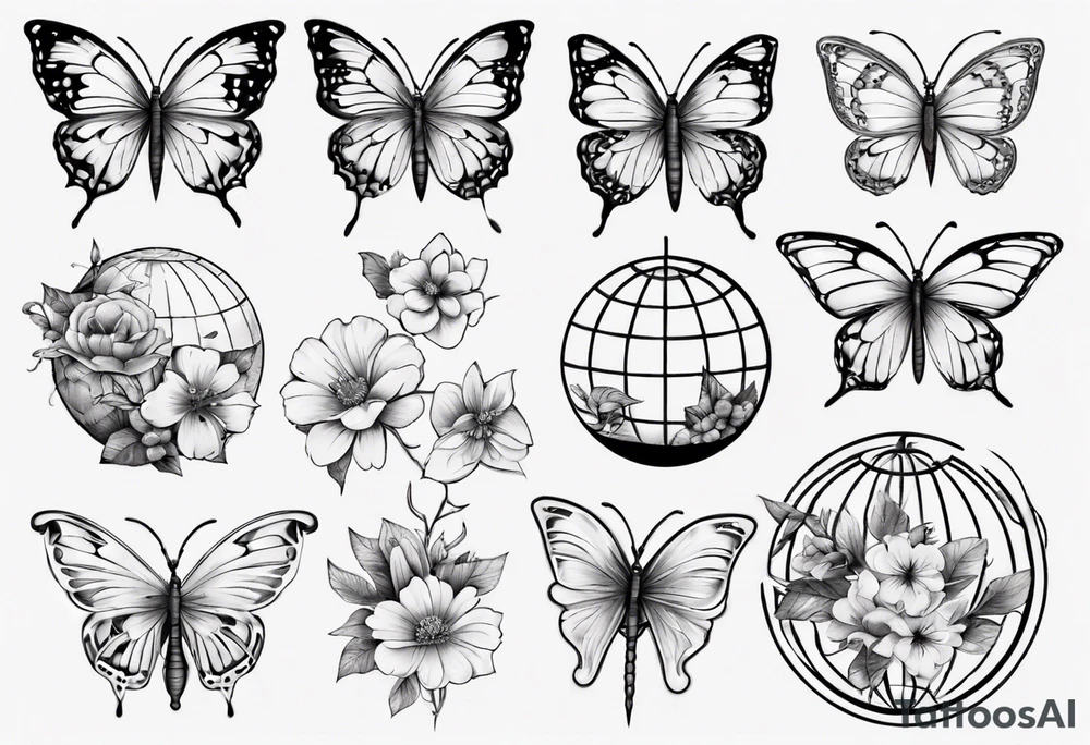 Butterflies and flowers in a globe tattoo idea