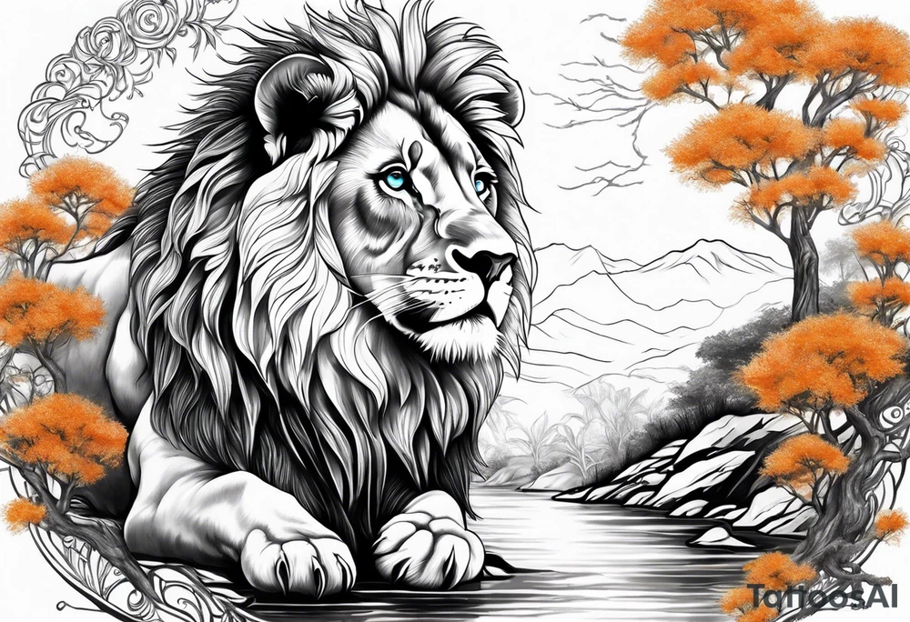 Lion tattoo with blue eyes, Orange tree of life with a stream leading to waterfall tattoo idea