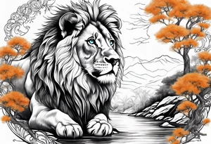 Lion tattoo with blue eyes, Orange tree of life with a stream leading to waterfall tattoo idea