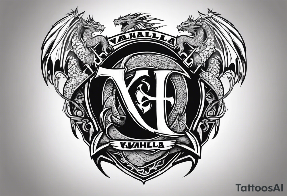Valhalla sword shield dragon axe tattoo idea