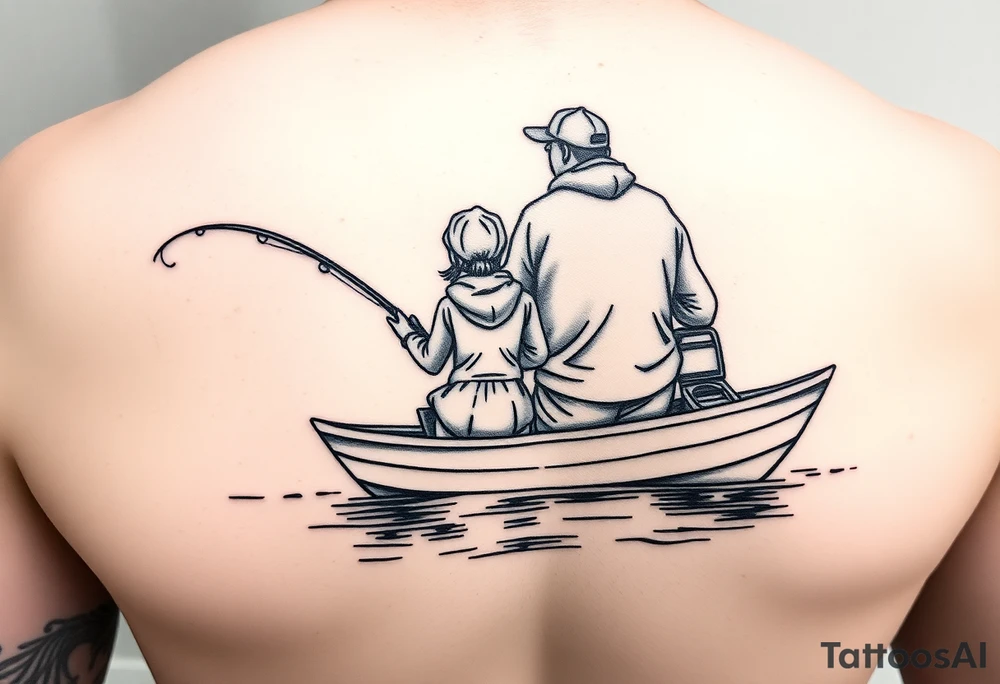 Dad fishing with 
1 daughter and 2 sons
With lake boat tattoo idea