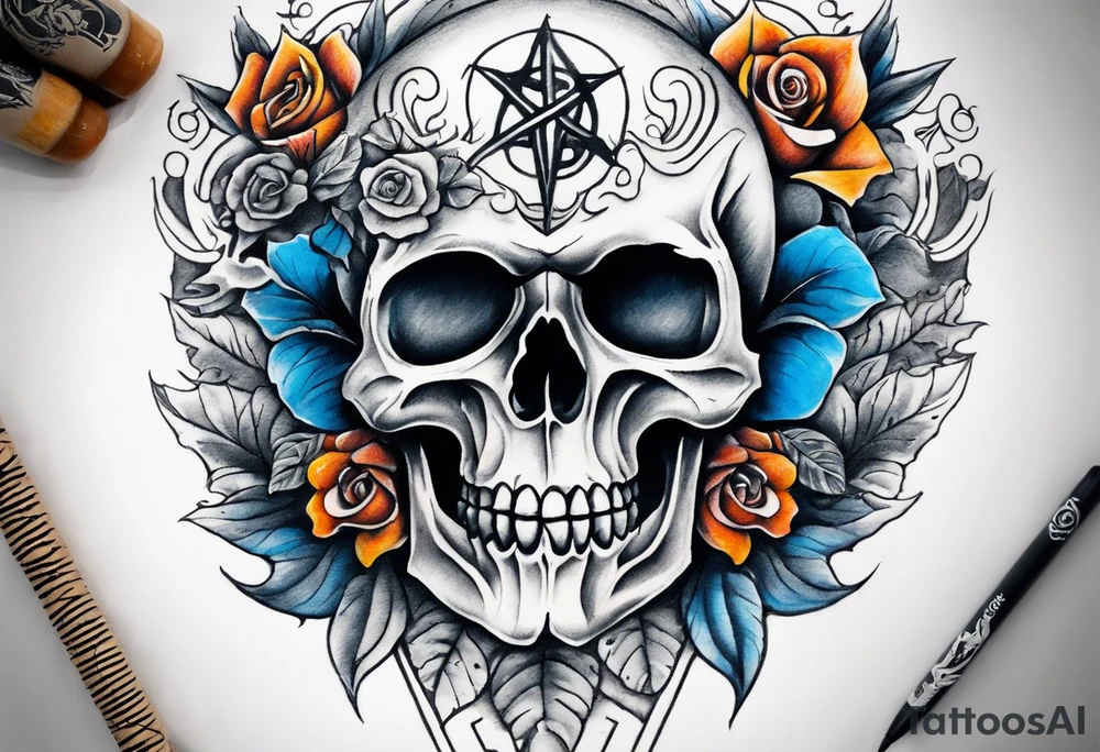 Front knee tattoo with fall colors, small flowers, rose, satanic skull, leaves, blue water flows with washes and background, Powell Peralta logo tattoo idea