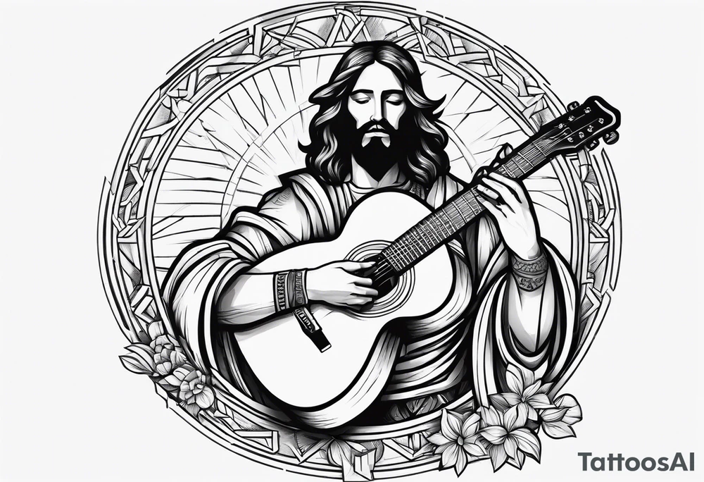 create a Jesus holding a guitar in one hand and a machine gun in the other tattoo idea