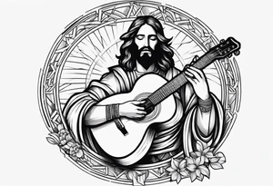 create a Jesus holding a guitar in one hand and a machine gun in the other tattoo idea
