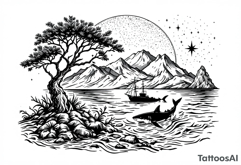 tattoo that has an acacia tree with mountains, ocean with a ship wreck with sharks and the northern star tattoo idea