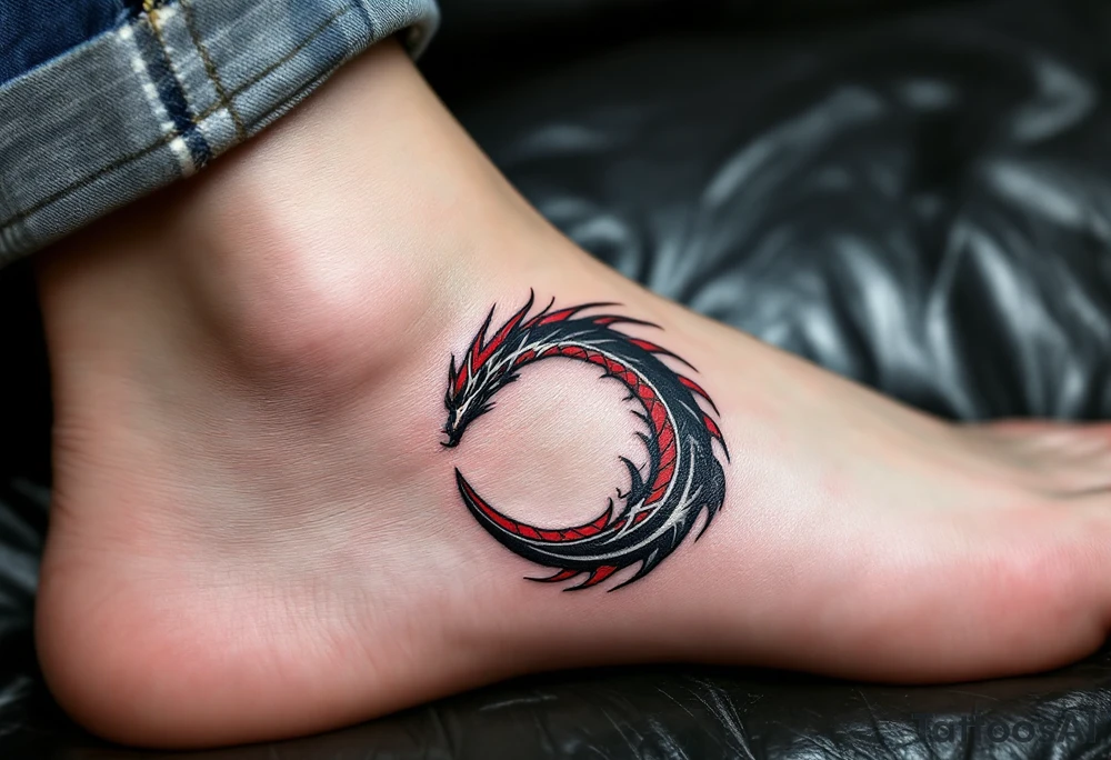 Dragon Hook – A bold and mythical design, where a dragon's tail curls around the hook in dark red, black, and silver, giving the tattoo a fierce, powerful look. tattoo idea