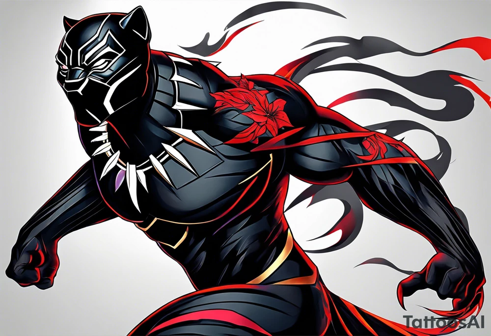 unique black panther tattoo, dynamic pose, showcasing its strength and grace, striking red eyes, intense and captivating elements, artistic flair, blending realism with abstract elements tattoo idea