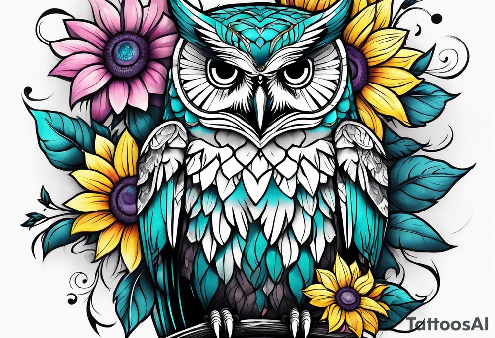 Leg Sleeve with teal, pink and purple owl and yellow sunflowers tattoo idea