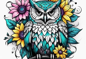 Leg Sleeve with teal, pink and purple owl and yellow sunflowers tattoo idea