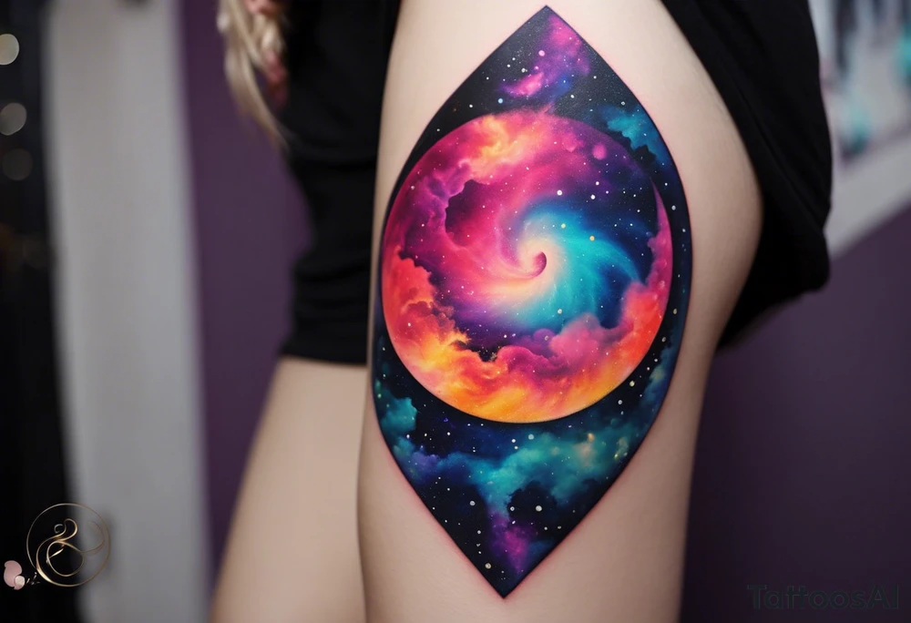I want a nebula space galaxy s kinda shape 
tattoo that's colorful and bright and cute and is nice to look at I don't want a traditional circle I want it like the ones thay look like an s shape and this tattoo will be on my left buttcheek and light colors I want more spread and less circle side to life Left to right tattoo idea