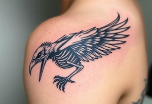 Powerful mythical creature that is half raven skeleton half peackock tattoo idea