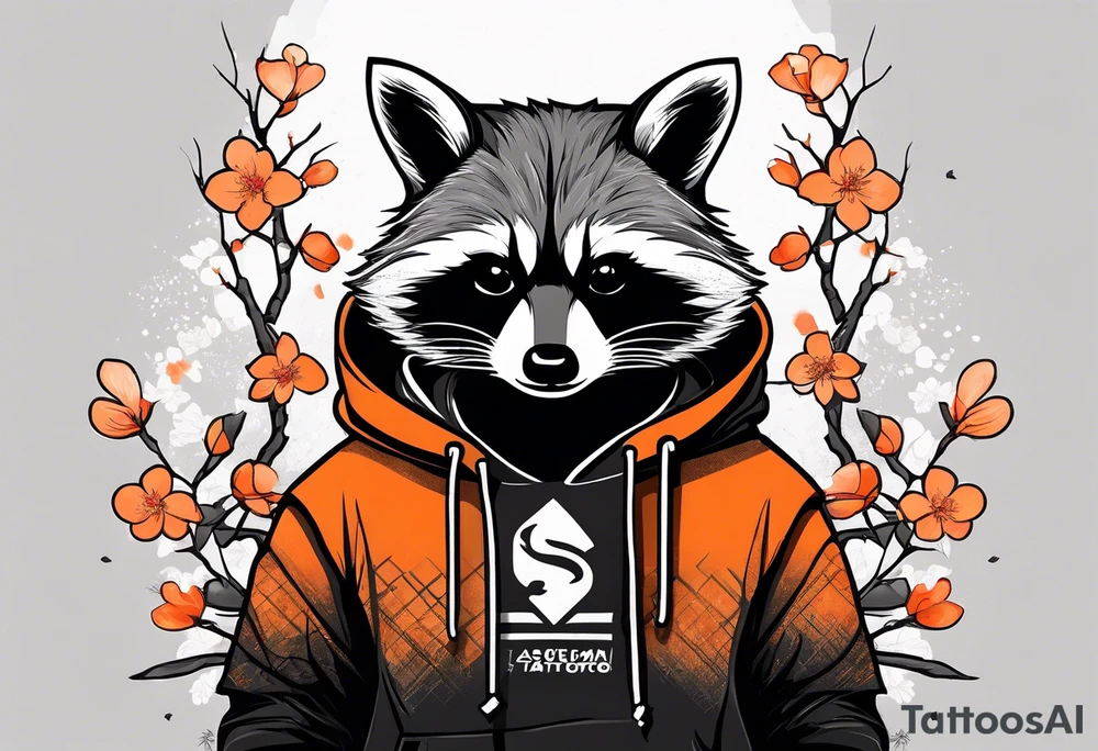 Raccoon wearing a white Superman logo on a black hoodie and orange Japanese cherry blossoms tattoo idea