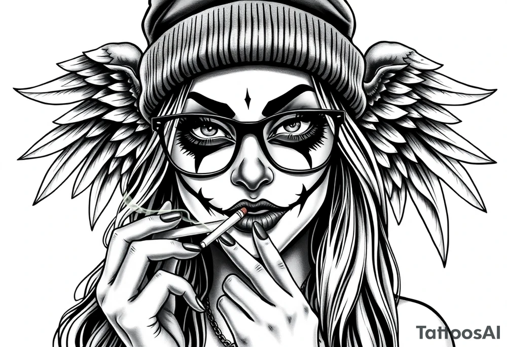 Chicana sexy chunky beautiful long hair clown makeup angel wings thug beanie eyeglasses smoking a cigarette tattoo idea
