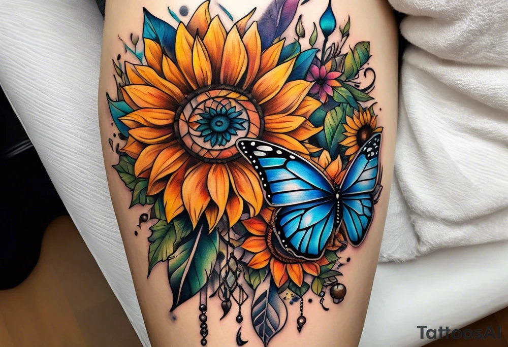 Quarter Leg sleeve with dreamcatcher, rainbow sunflowers and one butterfly tattoo idea
