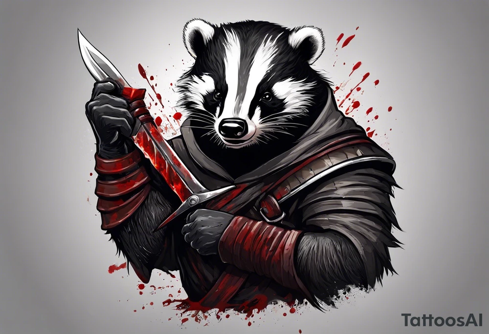 Draw me psychopath Badger/Warrior with aggressive full body, killer face with a smile, very long nails and he attacks like a Bloody Assassin to us and also, he has very deadly looking. He fights with his nails. Everybody scares after their first sight. Give me horror type Badger Tattoo. I want to see his Realistic full body. tattoo idea