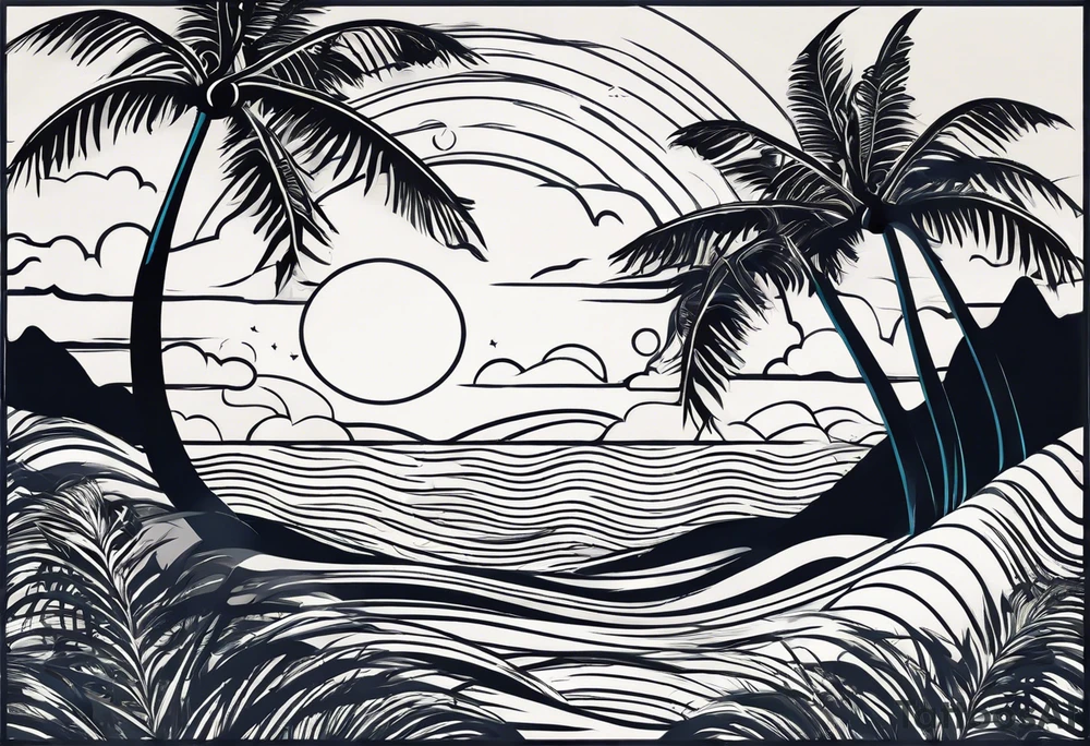 Simple Retro design coffee mug with ocean waves and palm trees background tattoo idea