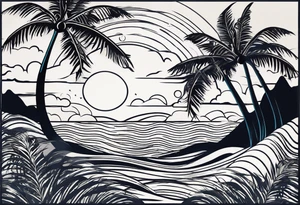 Simple Retro design coffee mug with ocean waves and palm trees background tattoo idea