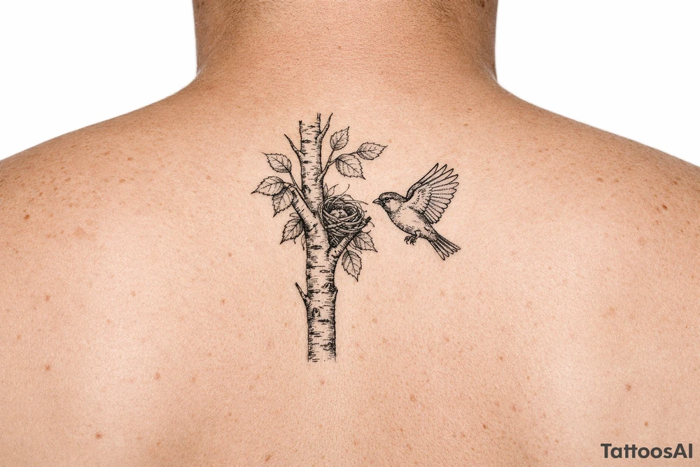 Minimalist fine-line tattoo design on a pure white background. A single clean silver birch branch extending vertically with natural, simple offshoots. Small birch leaves. A small, simple bird nest tucked quietly into the main branch fork, partially hidden by leaves. A single detailed common sparrow flying gracefully near the branch. Clean black linework, subtle stippling, simple composition, no intersecting line errors, no floating branches, isolated on white background tattoo idea