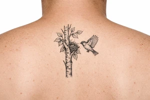 Minimalist fine-line tattoo design on a pure white background. A single clean silver birch branch extending vertically with natural, simple offshoots. Small birch leaves. A small, simple bird nest tucked quietly into the main branch fork, partially hidden by leaves. A single detailed common sparrow flying gracefully near the branch. Clean black linework, subtle stippling, simple composition, no intersecting line errors, no floating branches, isolated on white background tattoo idea