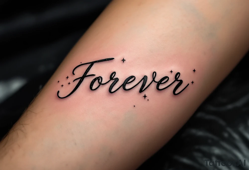 "Forever" etched in gold metallic ink across the spine, surrounded by tiny celestial stars. tattoo idea