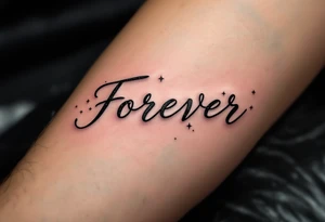 "Forever" etched in gold metallic ink across the spine, surrounded by tiny celestial stars. tattoo idea