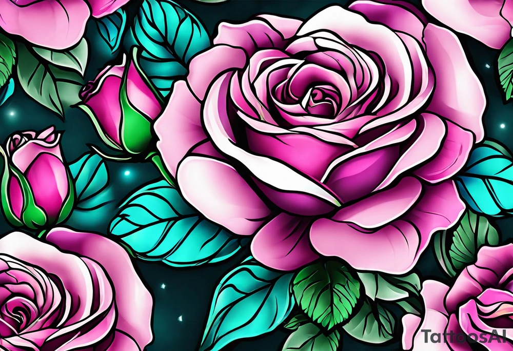 05/22/50 Dad 06/07/14, roses, teal, pink, purple tattoo idea