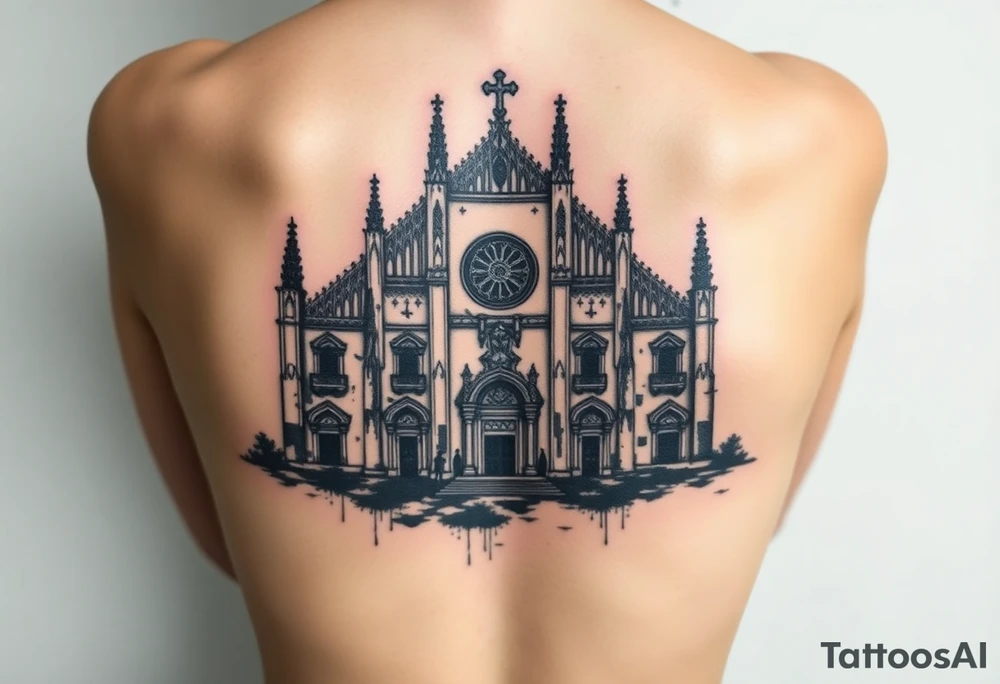 Milan Cathedral ruined and covered in graffiti, large tattoo, lower back area tattoo idea