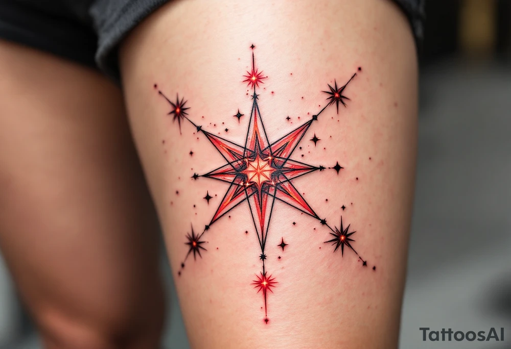A stylized Aries star constellation is inked in electric red with small fire-like sparks around each star. tattoo idea