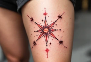 A stylized Aries star constellation is inked in electric red with small fire-like sparks around each star. tattoo idea