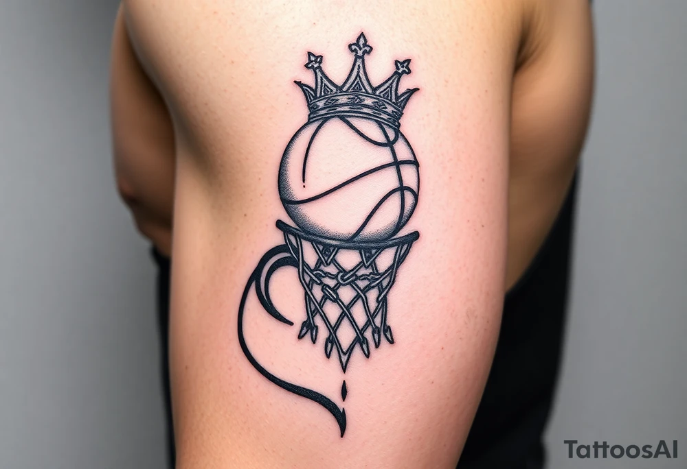 Basketball and basketball hoop with a crown, tribal influence tattoo idea