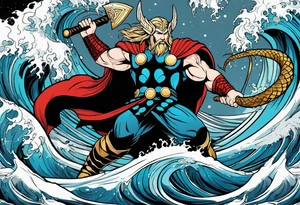 Thor fighting the world serpent in the ocean in a typhoon tattoo idea